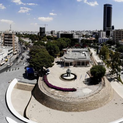The town hall on the Elefteria's square in Nicosia on 13 of May, 2021.
(Panoramic shooting with a combination of multiple photos)